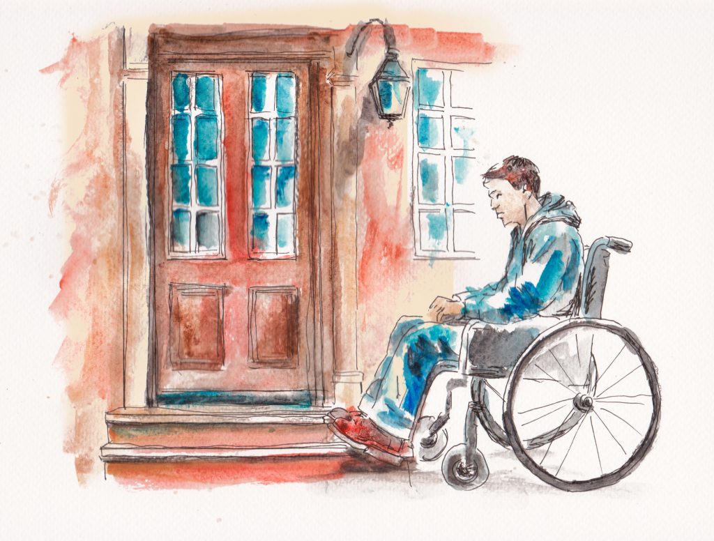 Ein gemaltes Bild auf dem eine Person in einem Rollstuhl zu sehen ist. Sie befindet sich mit traurigem Gesicht vor einer Eingangstüre vor der sich zwei Stufen befinden.