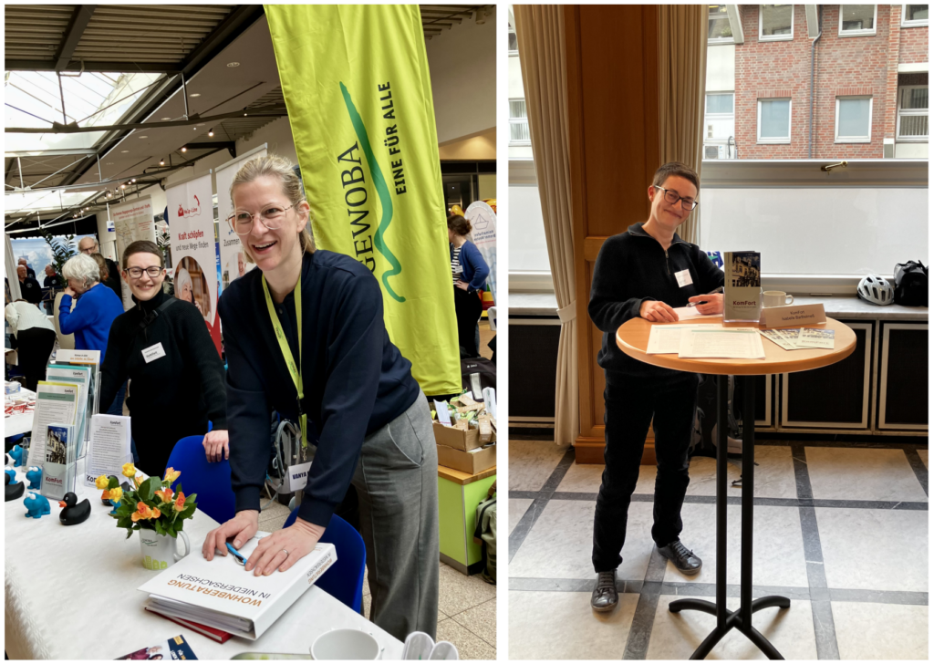 Zwei Fotos nebeneinander. Das linke Bild zeigt zwei Frauen an einem Messestand im Einkaufszentrum Walle Center. Auf dem rechten Bild steht Isabelle Barthelmeß an einem Stehtisch. Auf dem Stehtisch liegt Informationsmaterial.